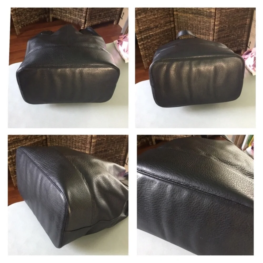 TORY BURCH MICHELLE BLACK PEBBLED LEATHER BUCKET TOTE BLACK GOLD LOGO